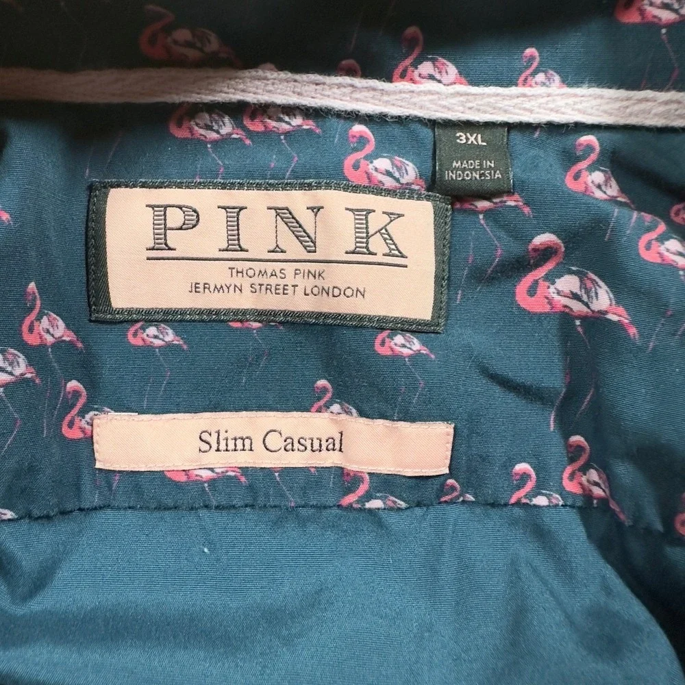 Thomas Pink Button Down Shirt Men Teal Blue Flamingo Print Trim Slim British 3XL
